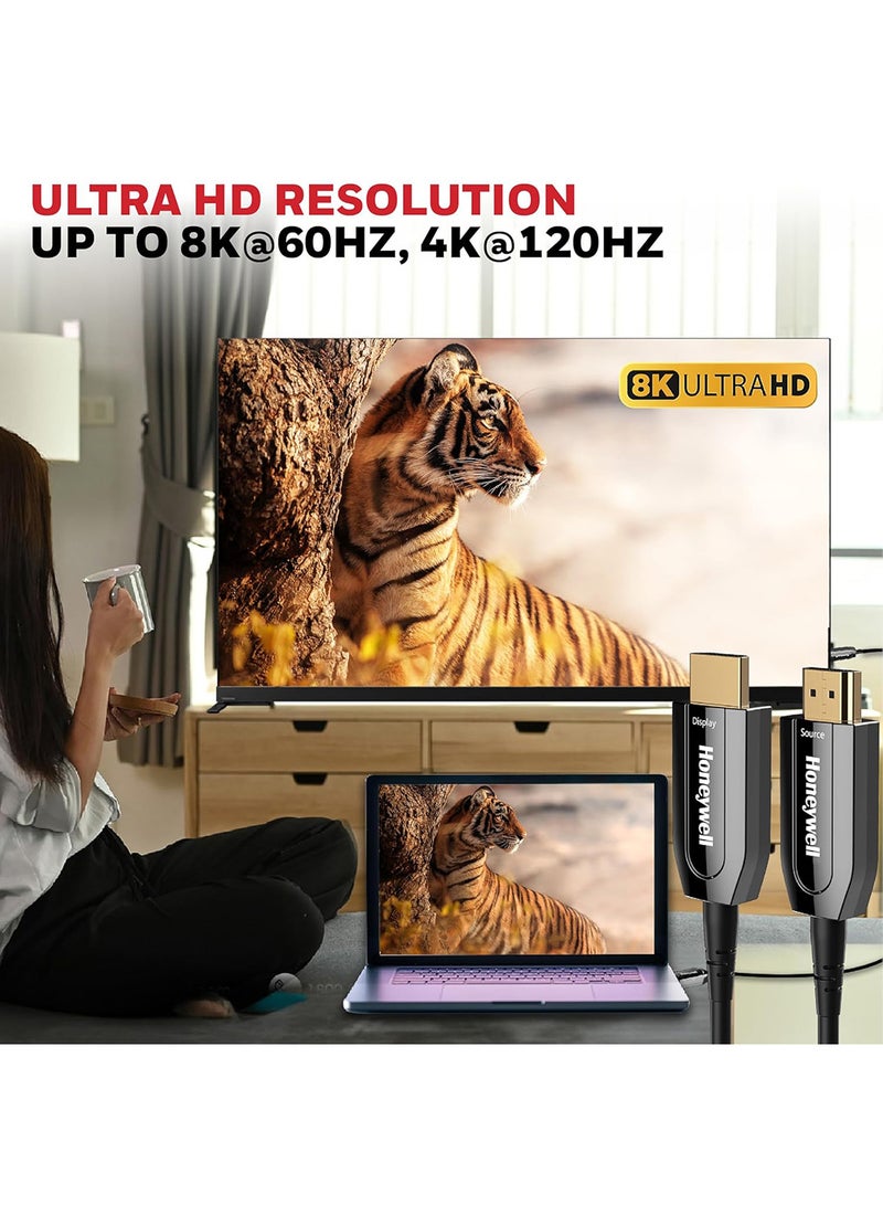Honeywell - HDMI AOC 2.1 Complaint , 10 Meter, 48GBPS, Supports UHD Resolution of 8K@60Hz, Male-to-Male, High-Speed Fiber Optics Cable, Compatible with TV, Gaming Console, etc. Black - Image 1
