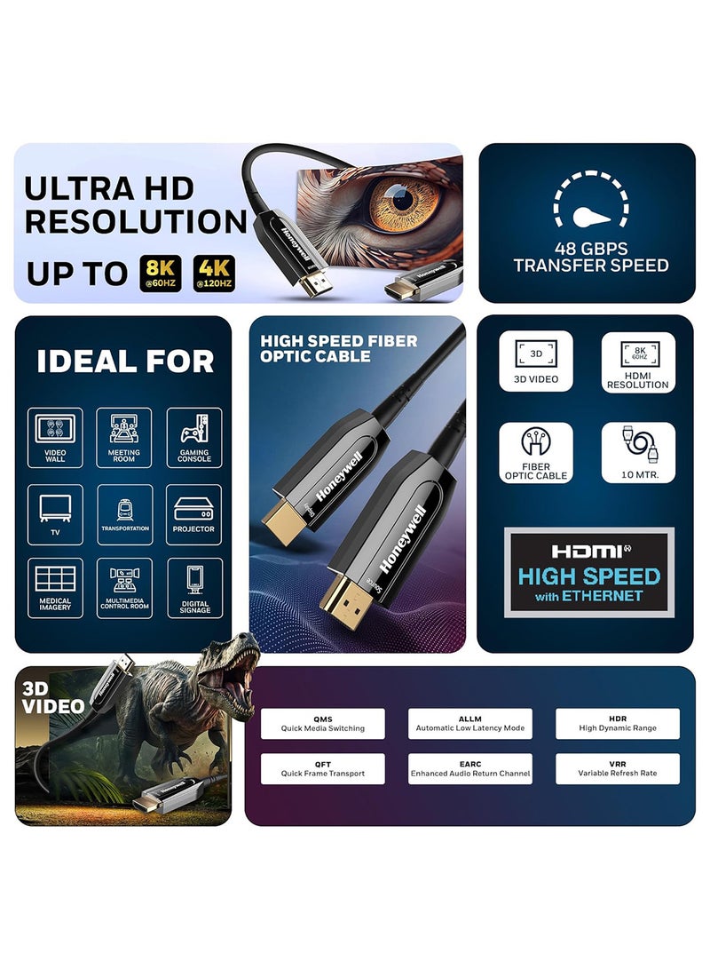 Honeywell - HDMI AOC 2.1 Complaint , 10 Meter, 48GBPS, Supports UHD Resolution of 8K@60Hz, Male-to-Male, High-Speed Fiber Optics Cable, Compatible with TV, Gaming Console, etc. Black - Image 1