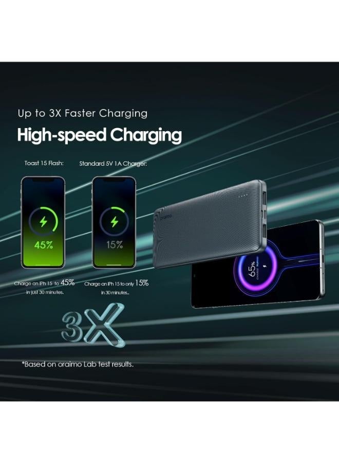 Oraimo - 10000 mAh Toast 15 Flash 10000mAh Power Bank with 15W Type C Fast Charging, USB & Type C Triple Output,Power Delivery, Type C &Micro Input Multi-Layer Protection &3D Texture Exterior Black - Image 1