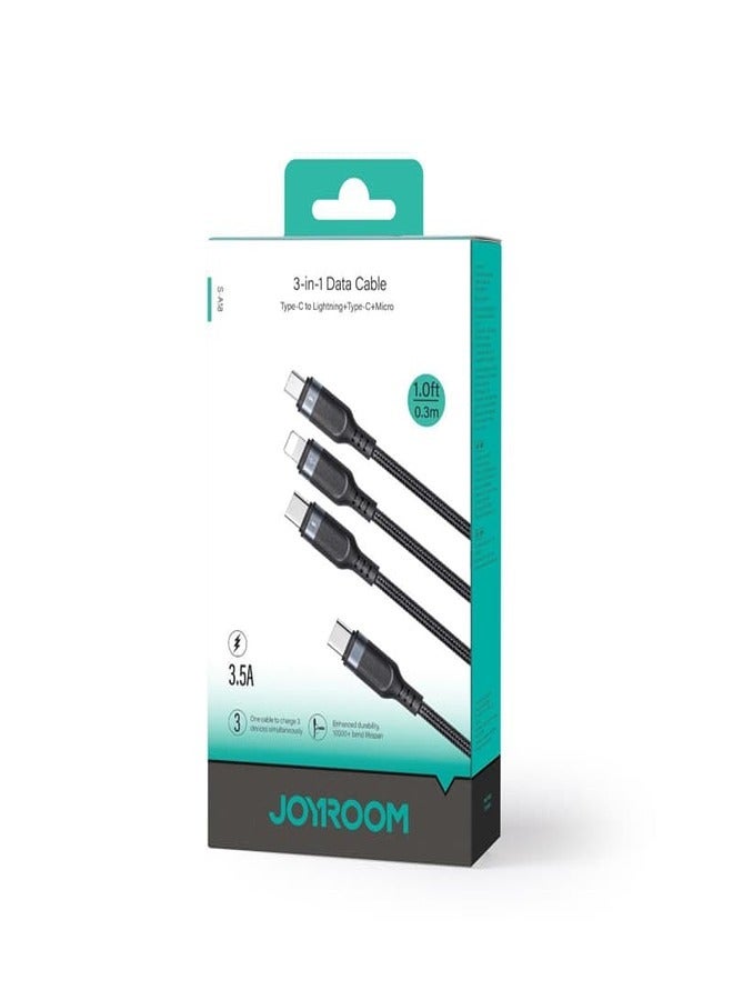 JOYROOM - JOYROOM S-A18 0.3m Type-C to Type-C to iP+Type-C+Micro Fast Charging Cable Data Cord Black - Image 1