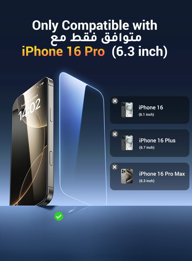 2Pack iPhone 16 Pro Screen Protector  6.3 Inch HD Easy Installation, Military-Grade Protection, Scratch Resistant, Anti-Fingerprint, Bubble Free, Case Friendly, 9H Tempered Glass Film Clear