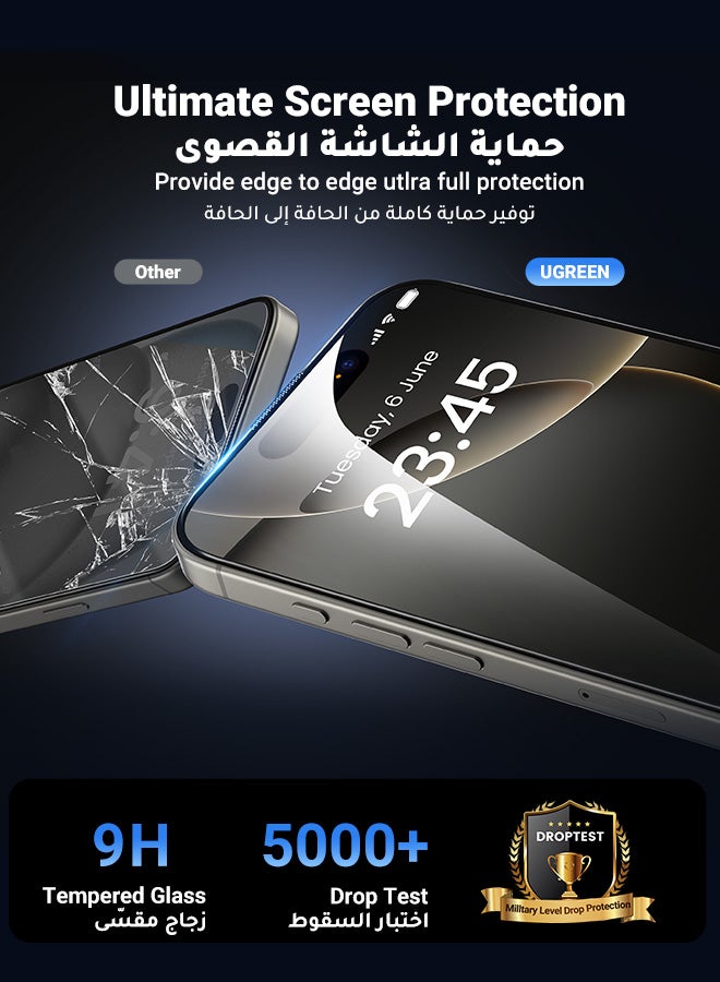 Ugreen 2Pack iPhone 16 Pro Screen Protector Full Coverage 6.3 Inch HD Easy Installation Frame Military-Grade Protection Scratch Resistant Anti-Fingerprint Bubble Free 9H Tempered Glass Film Clear  - Image 5