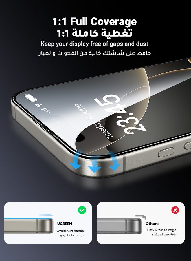 Ugreen 2Pack iPhone 16 Pro Screen Protector Full Coverage 6.3 Inch HD Easy Installation Frame Military-Grade Protection Scratch Resistant Anti-Fingerprint Bubble Free 9H Tempered Glass Film Clear  - Image 3