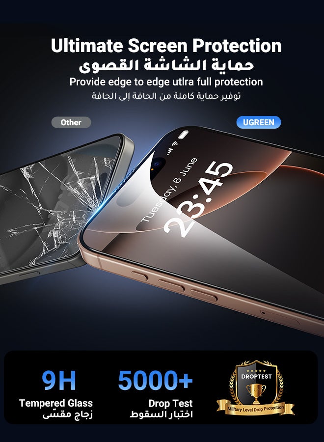 Ugreen 2Pack iPhone 16 Pro Max Screen Protector Full Coverage 6.9 Inch HD Easy Installation Frame Military-Grade Protection Scratch Resistant Anti-Fingerprint Bubble Free 9H Tempered Glass Film Clear  - Image 5
