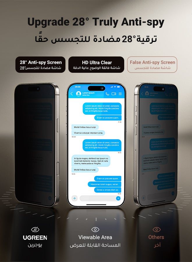 Ugreen 2Pack iPhone 16 Pro Privacy Screen Protector  6.3 Inch  Face ID Supported Easy Installation Anti-Spy & Privacy Protection Anti-Fingerprint & Bubble Free, Case Friendly 9H Tempered Glass Black  - Image 2