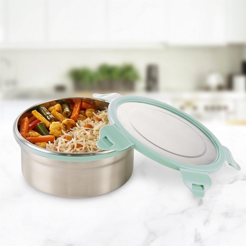 Borosil Stainless Steel Leak-proof Lunch Box with Green Lid - 900 ml Round Container for School & Office GREEN - Image 4