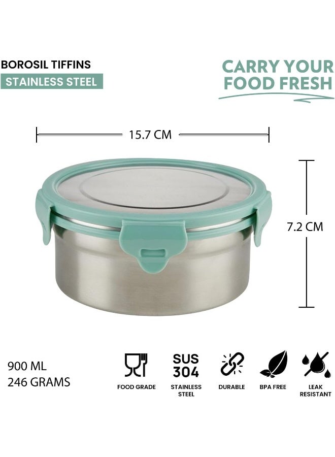 Borosil Stainless Steel Leak-proof Lunch Box with Green Lid - 900 ml Round Container for School & Office GREEN - Image 2