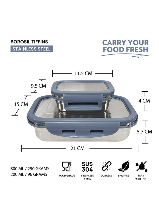 Borosil Stainless Steel Lunch Box, Set Of 2, Leak-Proof Lunch Boxes With Grey Lids, Rectangular Lunch Containers For School & Office, 800 Ml & 200 Ml - Image 2