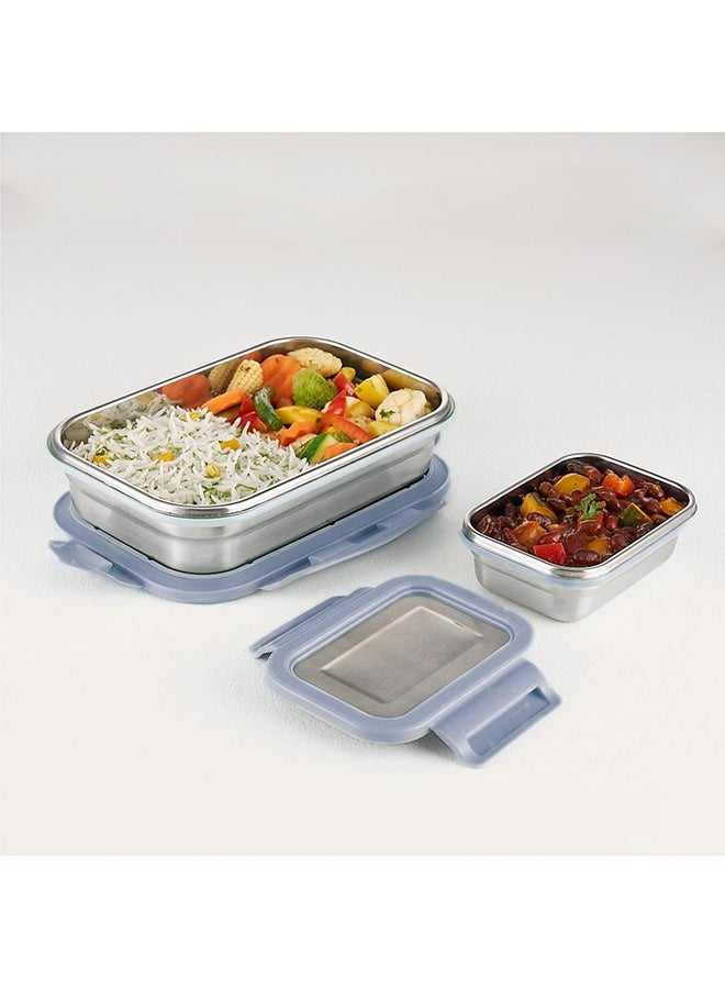 Borosil Stainless Steel Lunch Box, Set Of 2, Leak-Proof Lunch Boxes With Grey Lids, Rectangular Lunch Containers For School & Office, 800 Ml & 200 Ml - Image 3