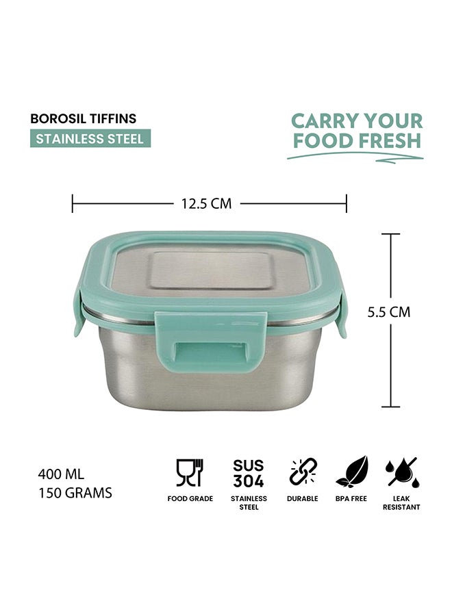 Borosil Stainless Steel Lunch Box, Leak-Proof Lunch Box With Green Lid, Square Lunch Container For School & Office, 400 Ml - Image 2