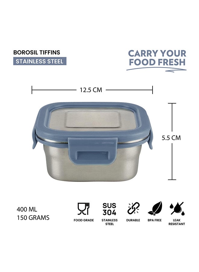 Borosil Stainless Steel Lunch Box, Leak-Proof Lunch Box With Grey Lid, Square Lunch Container For School & Office, 400 Ml - Image 2