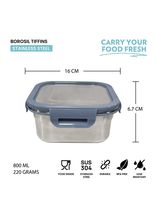 Borosil Stainless Steel Lunch Box, Leak-Proof Lunch Box With Grey Lid, Square Lunch Container For School & Office, 800 Ml - Image 2