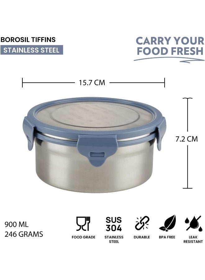Borosil Stainless Steel Leak-proof Lunch Box with Grey Lid - 900 ml Round Container for School & Office GREY - Image 3