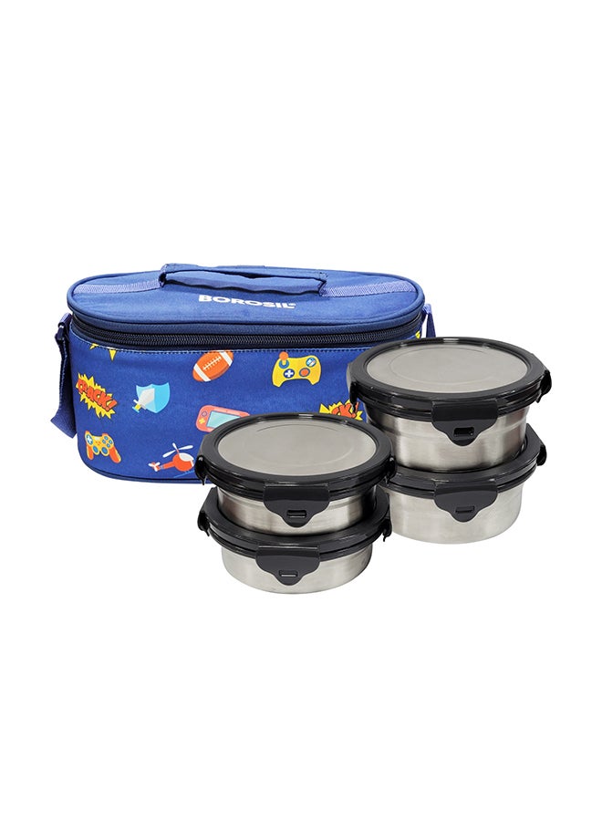 Borosil Blueblaze Stainless Steel Lunch Box, Set Of 4 Containers With Horizontal Lunch Bag, Leak-Proof Lunch Box With Grey Lid, Round Lunch Container For School & Office, 400 Ml X 2 + 250 Ml X 2 - Image 1