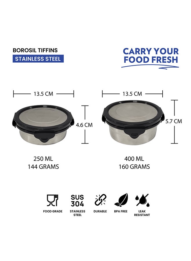 Borosil Blueblaze Stainless Steel Lunch Box, Set Of 4 Containers With Horizontal Lunch Bag, Leak-Proof Lunch Box With Grey Lid, Round Lunch Container For School & Office, 400 Ml X 2 + 250 Ml X 2 - Image 2