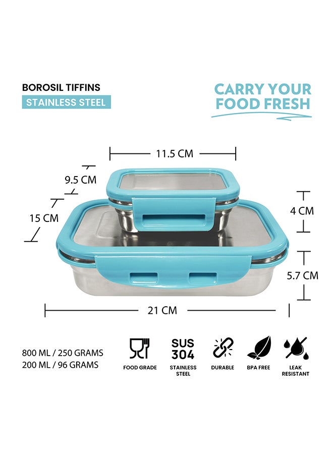 Borosil Stainless Steel Lunch Box, Set Of 2, Leak-Proof Lunch Boxes With Blue Lids, Rectangular Lunch Containers For School & Office, 800 Ml & 200 Ml - Image 2