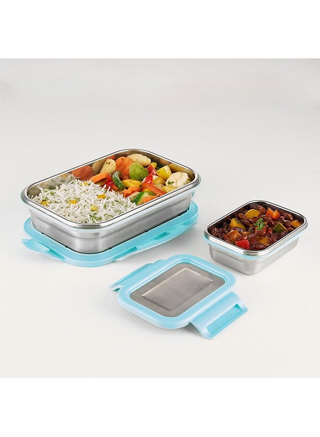 Borosil Stainless Steel Lunch Box, Set Of 2, Leak-Proof Lunch Boxes With Blue Lids, Rectangular Lunch Containers For School & Office, 800 Ml & 200 Ml - Image 3