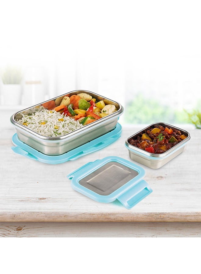 Borosil Stainless Steel Lunch Box, Set Of 2, Leak-Proof Lunch Boxes With Blue Lids, Rectangular Lunch Containers For School & Office, 800 Ml & 200 Ml - Image 4