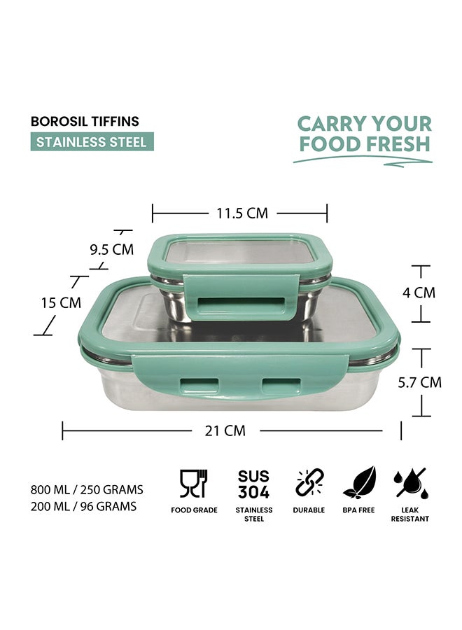 Borosil Stainless Steel Lunch Box, Set Of 2, Leak-Proof Lunch Boxes With Green Lids, Rectangular Lunch Containers For School & Office, 800 Ml & 200 Ml - Image 2