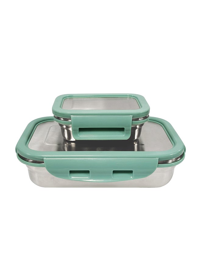 Borosil Stainless Steel Lunch Box, Set Of 2, Leak-Proof Lunch Boxes With Green Lids, Rectangular Lunch Containers For School & Office, 800 Ml & 200 Ml - Image 1