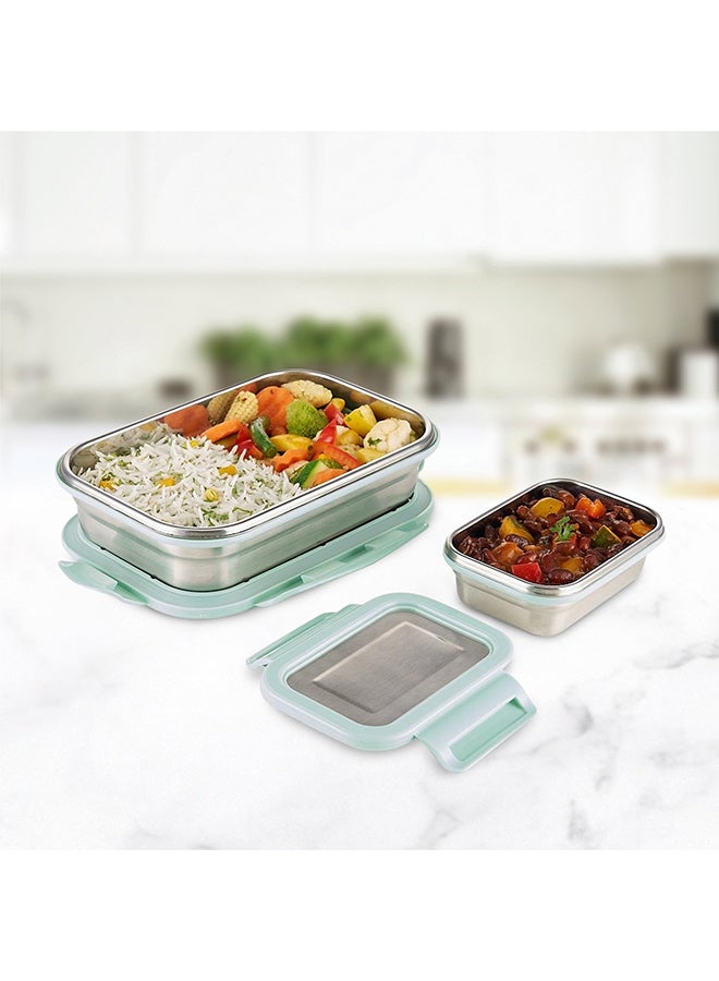 Borosil Stainless Steel Lunch Box, Set Of 2, Leak-Proof Lunch Boxes With Green Lids, Rectangular Lunch Containers For School & Office, 800 Ml & 200 Ml - Image 4