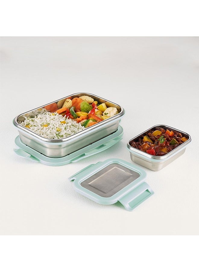 Borosil Stainless Steel Lunch Box, Set Of 2, Leak-Proof Lunch Boxes With Green Lids, Rectangular Lunch Containers For School & Office, 800 Ml & 200 Ml - Image 3