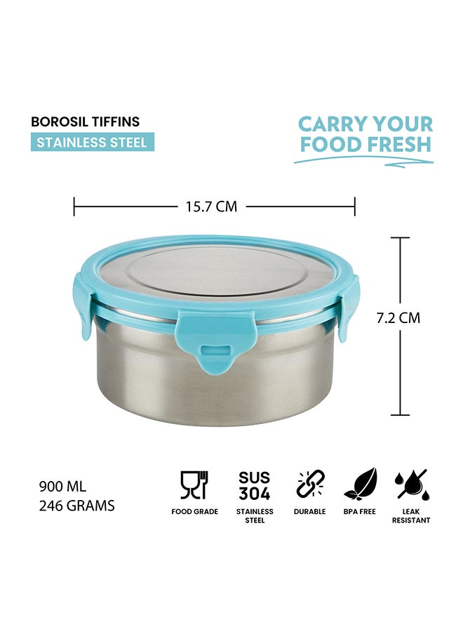 Borosil Stainless Steel Lunch Box, Leak-Proof Lunch Box With Blue Lid, Round Lunch Container For School & Office, 900 Ml - Image 2