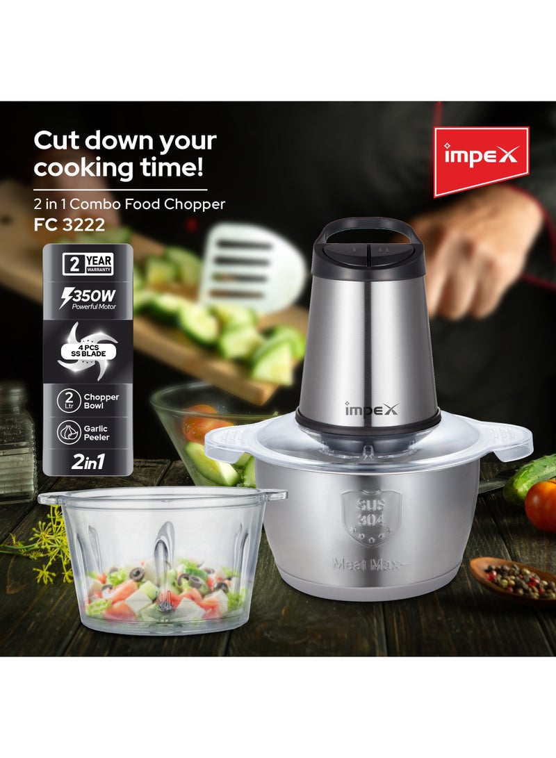 Food Chopper 2in1 Combo  | Powerful Motor | Dual 2L Glass & Stainless Steel Bowls | Double Layer 4 Stainless Steel Blades | 2 Speeds Control | Motor Overheat Protection | Anti-Slip Ring 2 L 350 W FC 3222 Multicolor - pnsku/N70101705V/45/_/1724209303/9207a82c-8c0b-460d-878f-e2c9b49bcd65