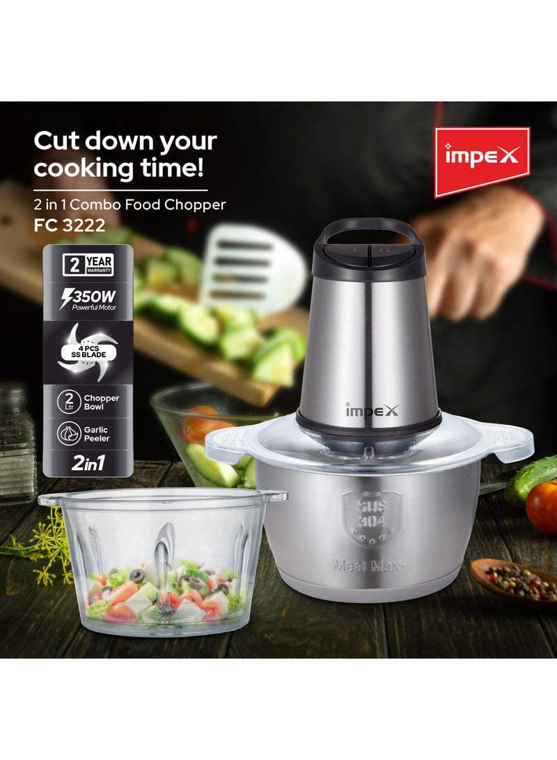 Impex Food Chopper 2in1 Combo  | Powerful Motor | Dual 2L Glass & Stainless Steel Bowls | Double Layer 4 Stainless Steel Blades | 2 Speeds Control | Motor Overheat Protection | Anti-Slip Ring 2 L 350 W FC 3222 Multicolor - Image 2