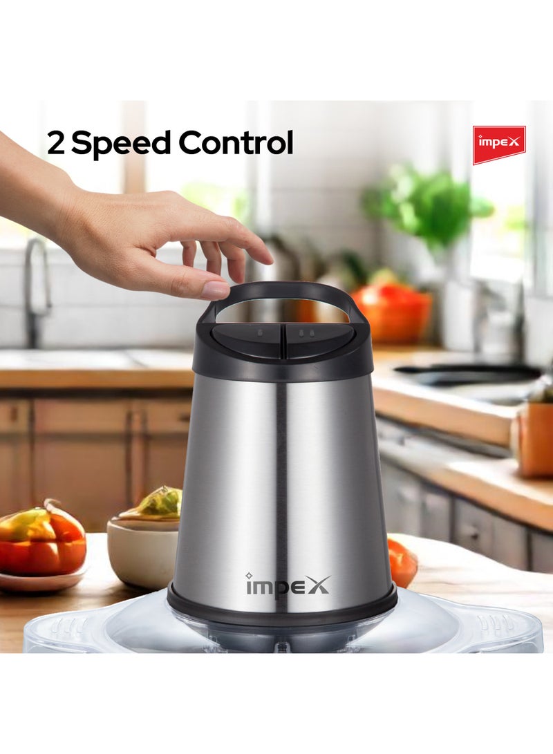 Impex Food Chopper 2in1 Combo  | Powerful Motor | Dual 2L Glass & Stainless Steel Bowls | Double Layer 4 Stainless Steel Blades | 2 Speeds Control | Motor Overheat Protection | Anti-Slip Ring 2 L 350 W FC 3222 Multicolor - Image 3