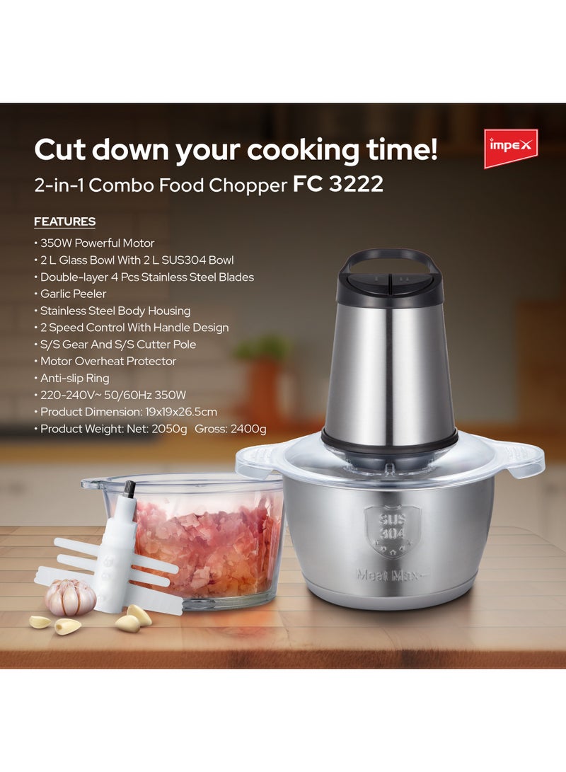 Food Chopper 2in1 Combo  | Powerful Motor | Dual 2L Glass & Stainless Steel Bowls | Double Layer 4 Stainless Steel Blades | 2 Speeds Control | Motor Overheat Protection | Anti-Slip Ring 2 L 350 W FC 3222 Multicolor - pnsku/N70101705V/45/_/1724209305/b2b10075-1167-47a3-ad2c-e25e7152789c