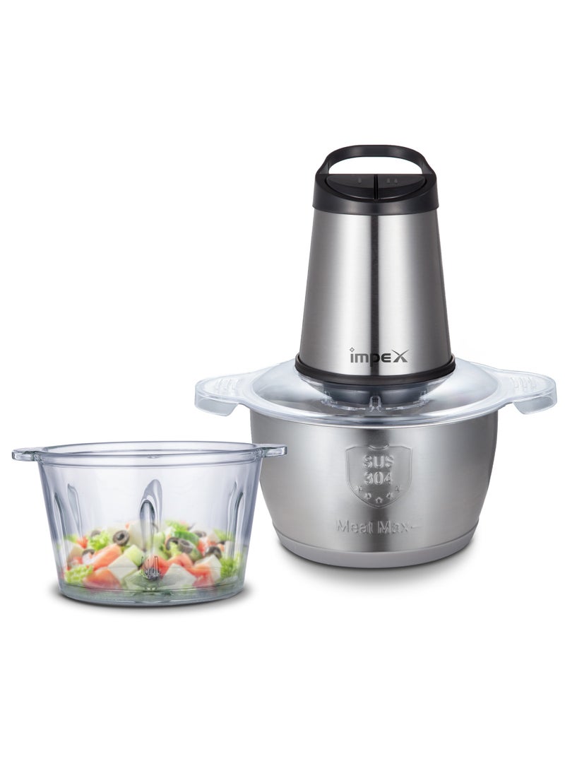 Impex Food Chopper 2in1 Combo  | Powerful Motor | Dual 2L Glass & Stainless Steel Bowls | Double Layer 4 Stainless Steel Blades | 2 Speeds Control | Motor Overheat Protection | Anti-Slip Ring 2 L 350 W FC 3222 Multicolor - Image 1