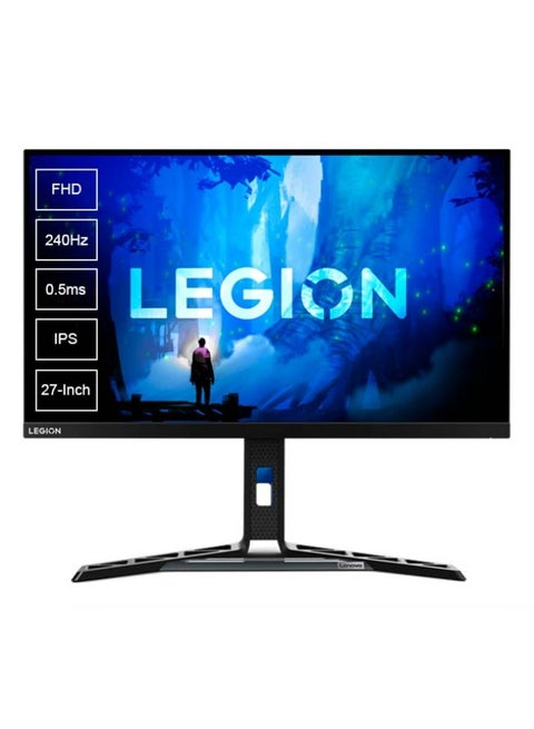 شاشة الألعاب Legion Y27f-30 مقاس 27 بوصة بدقة Full HD (1920x1080) مع تقنية لوحة IPS، ومعدل تحديث 240 هرتز إلى 280 هرتز، ووقت استجابة 0.5 مللي ثانية، وتقنية AMD FreeSync Premium وAdaptive Sync، ودعم وحدة التحكم في الألعاب ومكبرات الصوت المدمجة