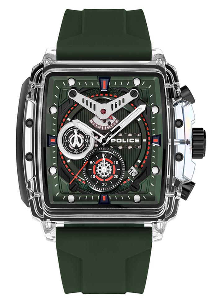 POLICE Men's Clout Green Dial Green Silicone Strap Gents Chronograph Watch With Nylon Fiber Case - Image 1