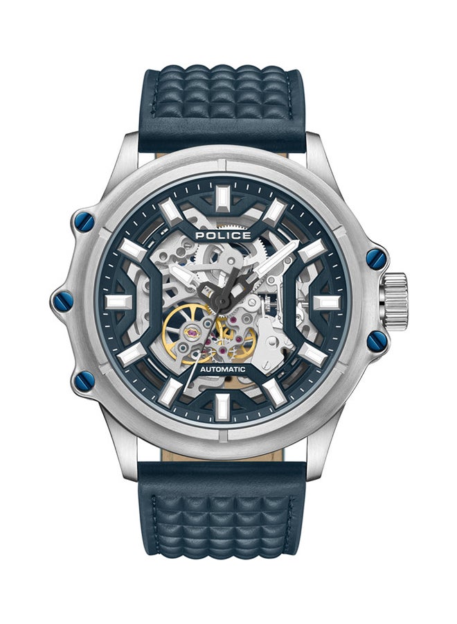 بوليس ساعة أوتوماتيكية للرجال بقرص أبيض وحزام جلد أزرق بحري من لوغان مع علبة من الفولاذ المقاوم للصدأ - Image 1