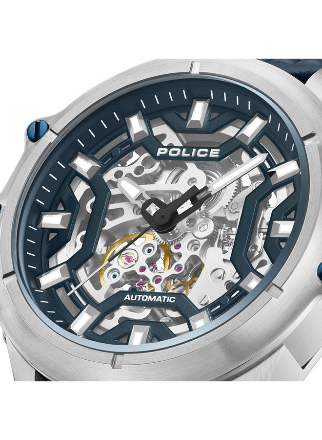 بوليس ساعة أوتوماتيكية للرجال بقرص أبيض وحزام جلد أزرق بحري من لوغان مع علبة من الفولاذ المقاوم للصدأ - Image 4