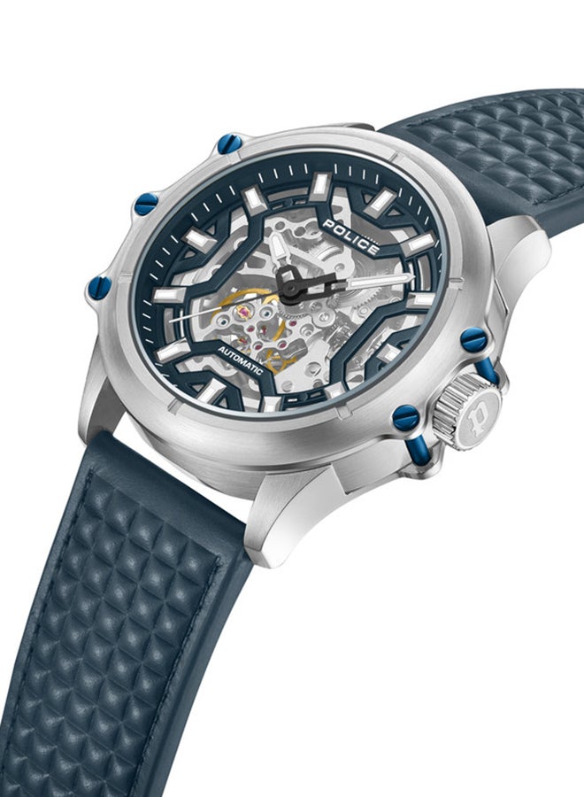 بوليس ساعة أوتوماتيكية للرجال بقرص أبيض وحزام جلد أزرق بحري من لوغان مع علبة من الفولاذ المقاوم للصدأ - Image 2