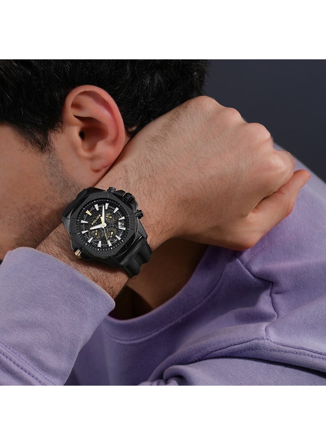 بوليس Men's Electrical Black Dial Black Leather Strap Gents Chronograph Watch With Stainless Steel Case  - Image 5