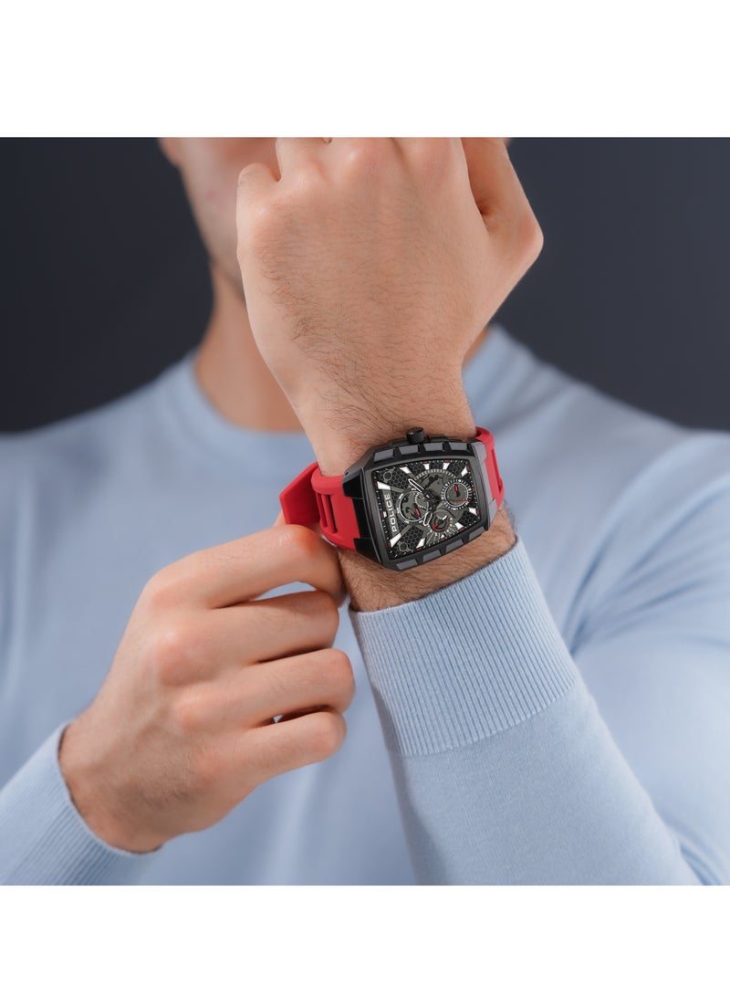 Men's Tough Gear Black Dial Red Silicone Strap Gents Chronograph Watch With Stainless Steel Case