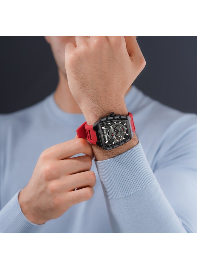 Men's Tough Gear Black Dial Red Silicone Strap Gents Chronograph Watch With Stainless Steel Case