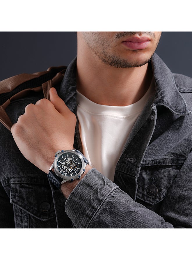 بوليس Men's Luang White Dial Navy Blue Leather Strap Gents Automatic Watch With Stainless Steel Case  - Image 5