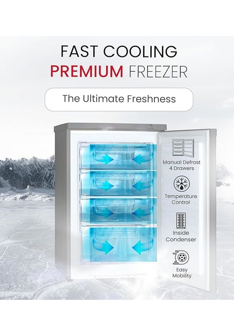 Nobel - 90 Ltr Gross & 85 Ltr Net Single Door Upright Freezer Manual Defrost, with 4 Drawers, Recessed Handle, Reversible Door, Temperature Control & Adjustable Leveling Feet NUF255S Silver - Image 1