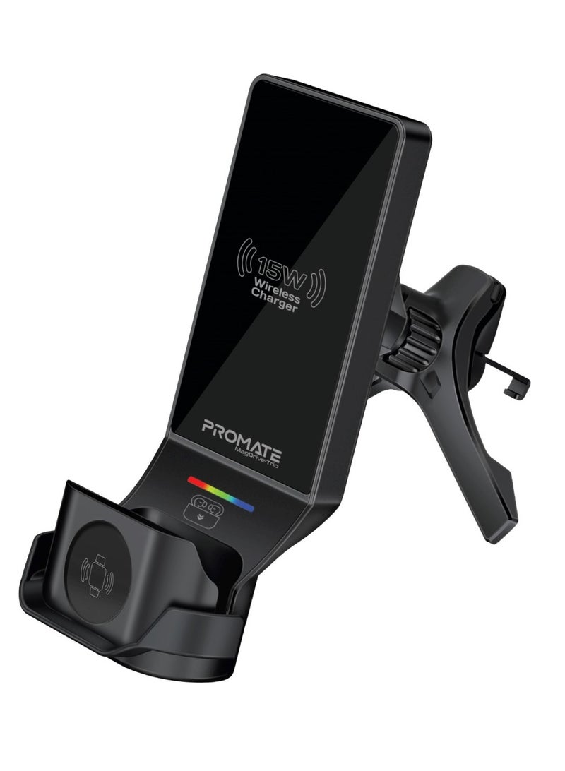 PROMATE Multifunctional 3-in-1 Wireless Car Charging Station with MagSafe-Compatibility, Triple Mounting, 15W Phone Charger,4.5W AirPods Charger Pad,3.5W Magnetic Watch Charger,MagDrive-Trio.Black Black  - Image 1