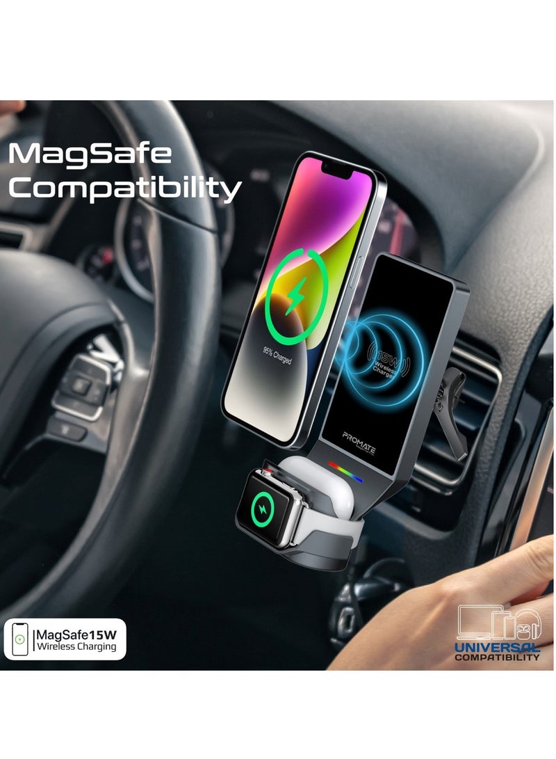 PROMATE Multifunctional 3-in-1 Wireless Car Charging Station with MagSafe-Compatibility, Triple Mounting, 15W Phone Charger,4.5W AirPods Charger Pad,3.5W Magnetic Watch Charger,MagDrive-Trio.Black Black  - Image 4