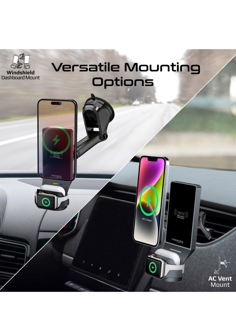 PROMATE Multifunctional 3-in-1 Wireless Car Charging Station with MagSafe-Compatibility, Triple Mounting, 15W Phone Charger,4.5W AirPods Charger Pad,3.5W Magnetic Watch Charger,MagDrive-Trio.Black Black  - Image 3