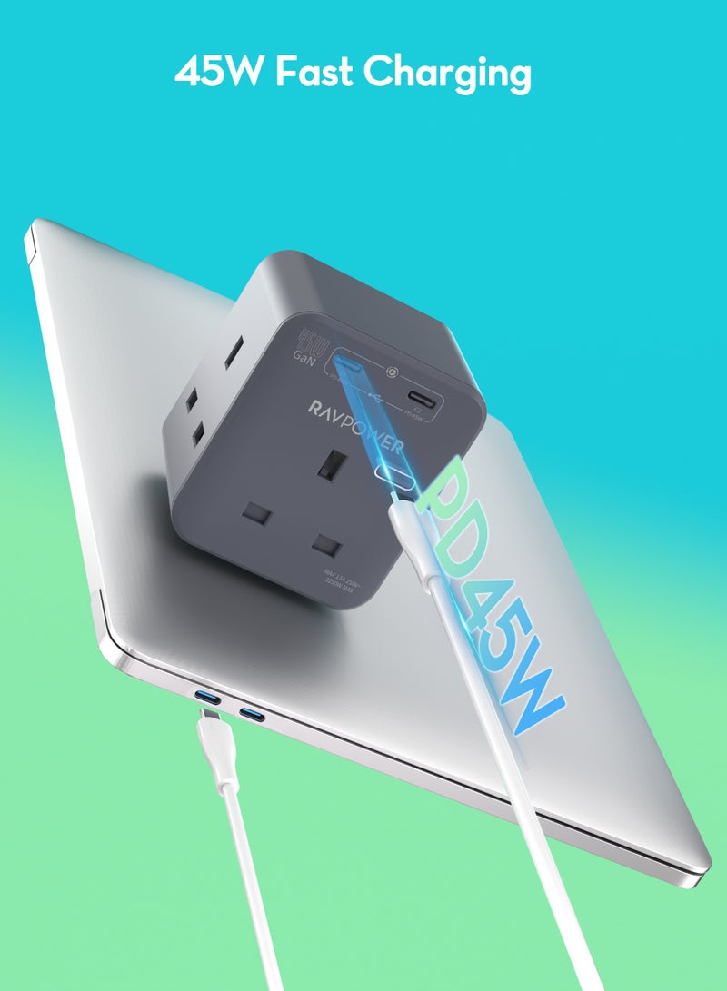 راف باور شاحن حائط RAVauer 45W مع ثلاثة منافذ طاقة - Image 3