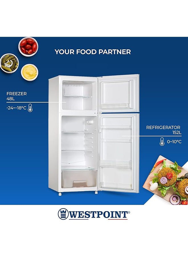 WESTPOINT - 200 Liters Net, Double Door Refrigerator, DEFROST Fridge Freezer, 4 Door Balconies, Egg Rack, Ice Cube Tray, Built in Condenser, 52Dx51.9Wx148H Centimeter WRN-2423.E White - Image 1