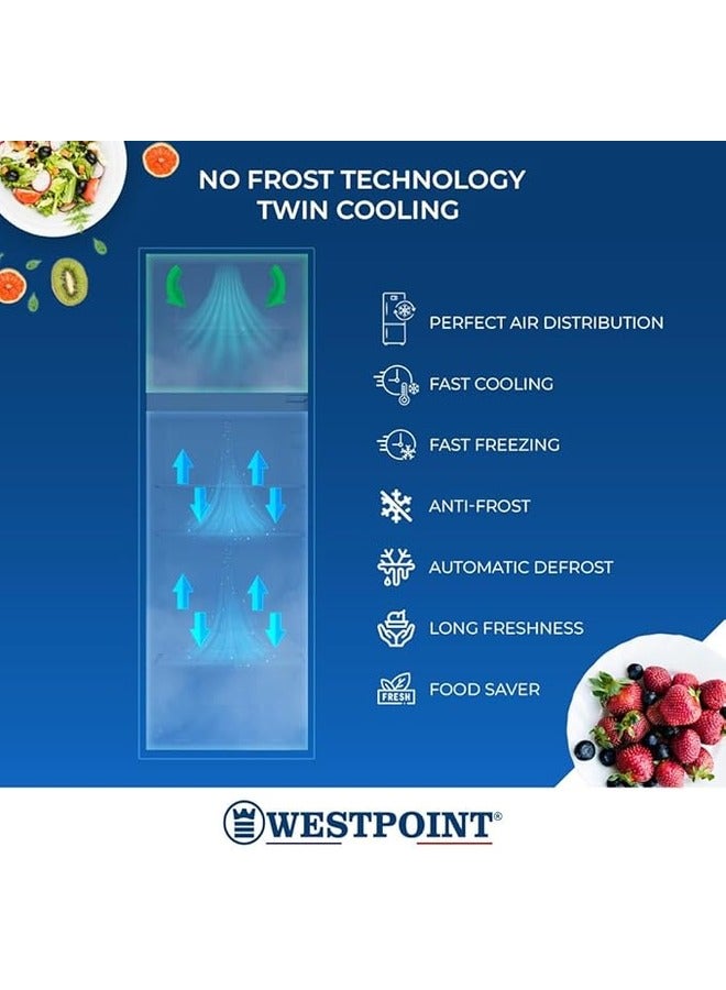 ويست بوينت - 255 Liters Net Capacity, Double Door No Frost, Top Mounted with Fresh Zone Compartment, Egg Rack, Twister for Ice Cube, Built in Condenser WNN-3523.ERI Dark Silver - Image 1
