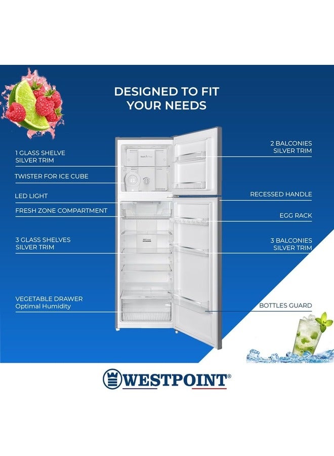 ويست بوينت - 255 Liters Net Capacity, Double Door No Frost, Top Mounted with Fresh Zone Compartment, Egg Rack, Twister for Ice Cube, Built in Condenser WNN-3523.ERI Dark Silver - Image 1
