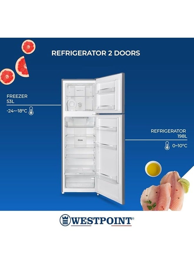 ويست بوينت - 255 Liters Net Capacity, Double Door No Frost, Top Mounted with Fresh Zone Compartment, Egg Rack, Twister for Ice Cube, Built in Condenser WNN-3523.ERI Dark Silver - Image 1